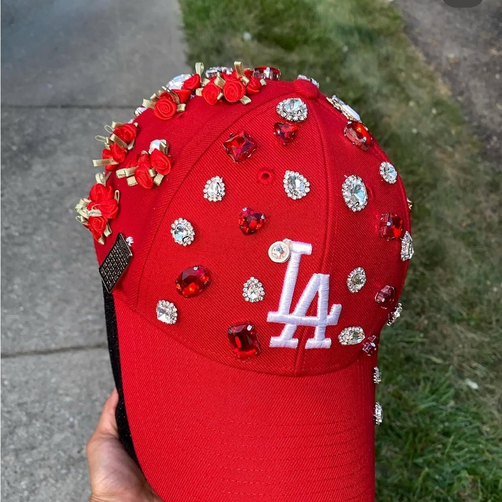 Embellished Red Cap with Floral Accents